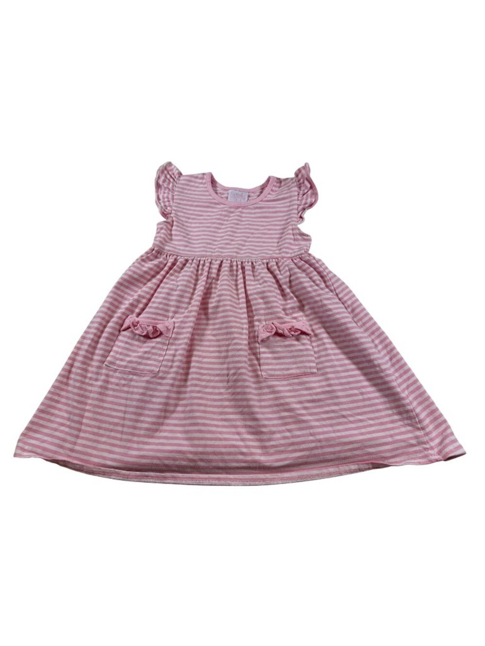 Stitchy Fish Girls Pink & White Striped Dress With Pockets Size 5 (NN761)